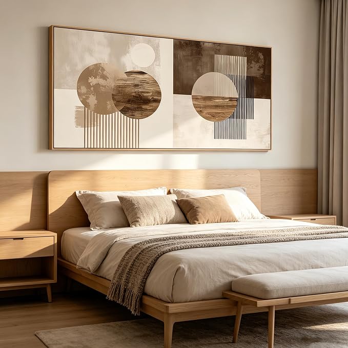 Sorbrozo Modern Abstract Geometric Wall Art with Wood Colored Frame Boho Sun and Moon Canvas Painting Neutral Earth Tone Pictures for Bedroom Hallway 20x40 inch