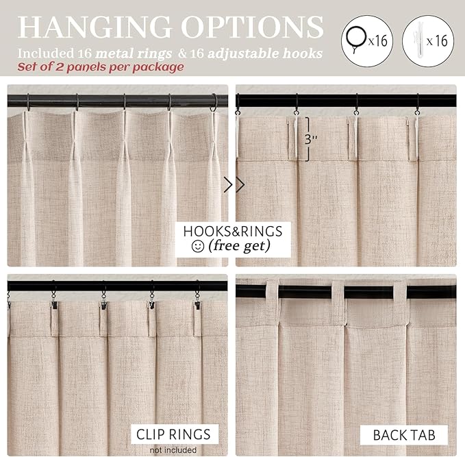 Natural Linen Blend Short Drapes 63 Inches Long 2 Panels Set for Kitchen Window Over Sink, Pinch Pleated Light Filtering Farmhouse Sheer Curtains with Hooks Rings Back Tab 40x63 Inch Flax Cafe Curtain