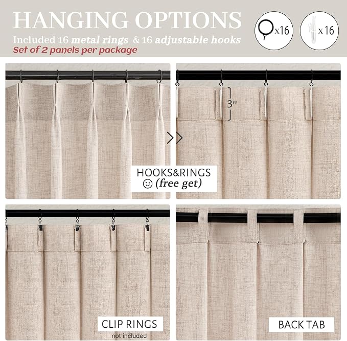 PleatedDrapes Textured Semi Sheer Burlap Curtains 84 Inches Long, Neutral Country Tan Beige Flax Linen Ceiling Track Light Filtering Curtains for Sliding Glass Door/Ofiice 2 Panels Hooks Privacy Drape