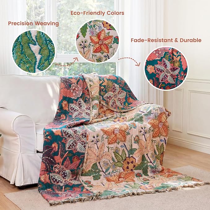 MSGKV Boho Throw Blanket for Couch Chair 100% Cotton Embroidery Floral Blanket 50"x60" Sofa Blankets for All Seasons Lightweight Farmhouse Muslin Summer Breathable Bed Blankets Home Decor