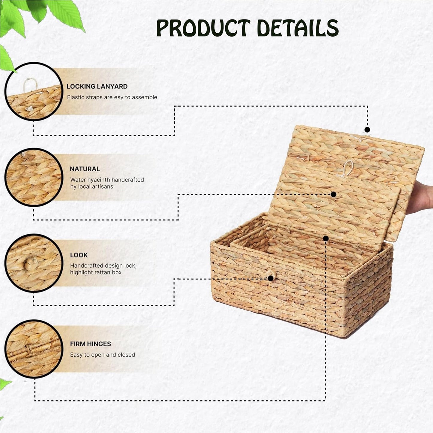 Set of 2 Rectangular Wicker Storage Bins with Lid, Rattan Basket Decorative Boxes, Multipurpose Organizer Display Boxes for Shelf Organizer, Boho Rattan Box for Home Decoration