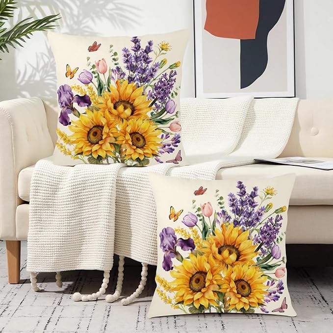 Sunflower Butterfly Throw Pillow Covers Tulip Iris Lavender Throw Pillow Covers Spring Summer Rustic Flower Pillow Cases 24x24 Rustic Floral Cushion Cases for Home Couch 2Pcs