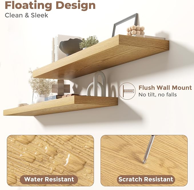 55 Inch Floating Shelves for Wall with Invisible Brackets Set of 2, 12"D Engineered Wood Wall Shelves with Wood Grain for Living Room, Bedroom, Bathroom, Kitchen Decor and Storage, Oak Finish