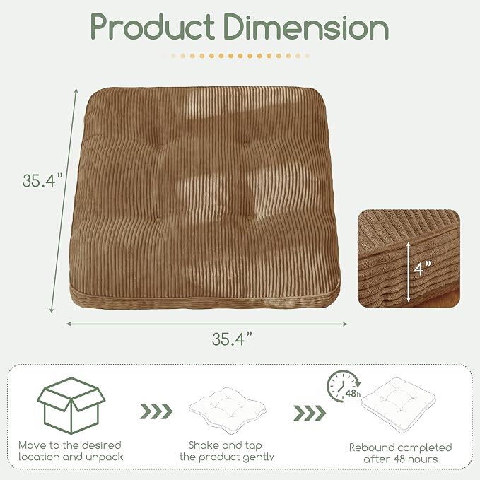 HIGOGOGO 35" Floor Pillow Cushion for Adults, Meditation Cushion Pillow, Extra Large Square Floor Sitting, Tufted Corduroy Cover for Tatami Living Room or Yoga, Coffee