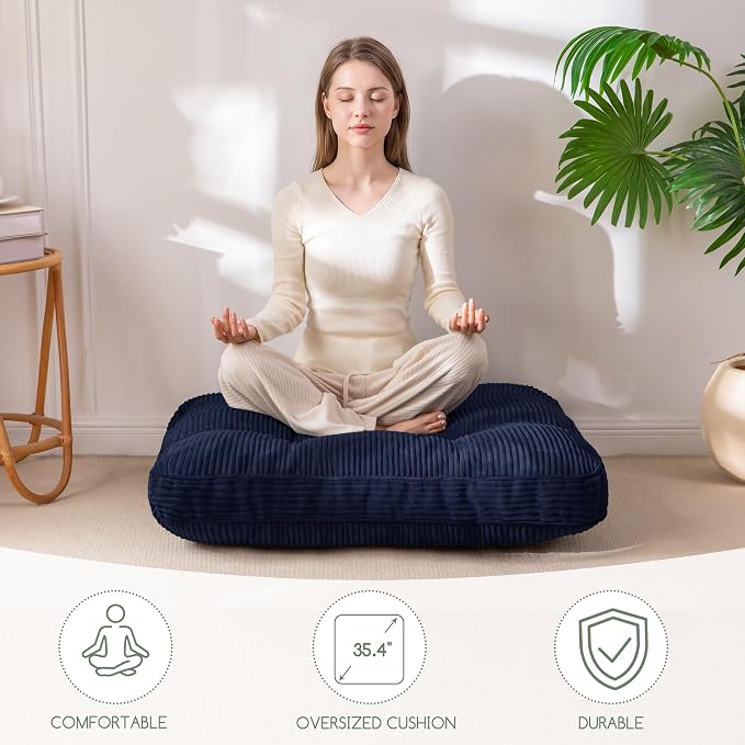 HIGOGOGO 35" Floor Pillow Cushion for Adults, Meditation Cushion Pillow, Extra Large Square Floor Sitting, Tufted Corduroy Cover for Tatami Living Room or Yoga, Navy