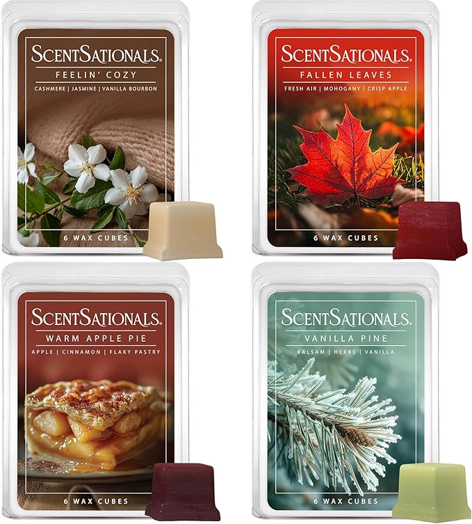 Scentsationals Fall Wax Melts - Harvest Home 4-Pack – Long Lasting Wax Cubes with Strong Scent for Warmers – Includes Warm Apple Pie, Vanilla Pine, Fallen Leaves & Feelin Cozy - 10oz (24-Cubes)