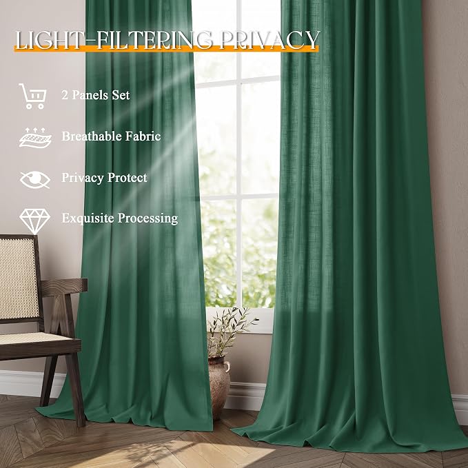 Jowels Emerald Green Linen Curtains 84 Inch Long 2 Panels for Living Room | Light Filtering Semi Sheer Curtain, Back Tab Pocket Pleated Look, Boho Farmhouse Textured Privacy Drapes for Bedroom Window