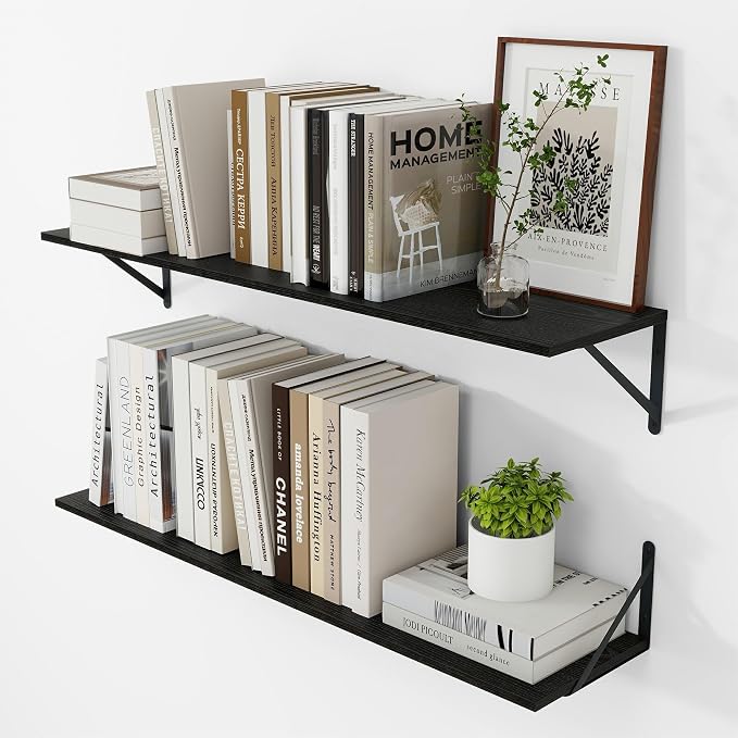 Vivelove Black Deep Floating Shelves for Wall, 36W x 8D Wood Wall Shelves Set of 2, Wide Floating Bookshelf for Living Room, Kitchen, Office, Bedroom and Decor Storage, with Metal Bracket - Black
