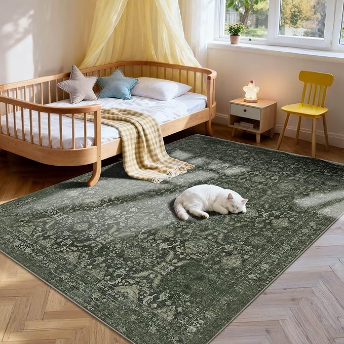 Rugxara 4x6 Rug for Living Room Bedroom, Green Washable Throw Rugs, Vintage Retro Boho Area Rugs, Non Slip & Low Pile Accent Throw Carpet for Indoor Dining Room, Kids Room and Office(Green 4x6ft)