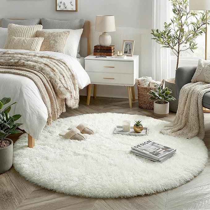 Amdrebio Ivory White Round Rug 4Ft for Kids Bedroom Aesthetic, Fluffy Fuzzy Furry Circle Area Rugs for Living Room Decor, Circular Plush Soft Shaggy Cream Carpet for Baby Nursery Dorm Teen Girls Boys