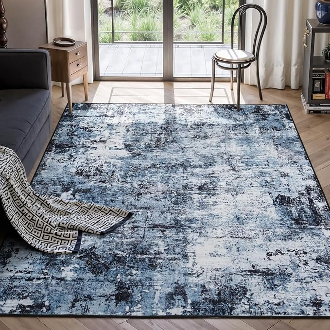 Rugflix 5x8 Area Rugs for Living Room, Washable Large Rug Stain-Resistant Low Pile, Modern Dark Carpet for Dining Room Home Office Kid Room Nursery Bedroom, Navy Blue/Black