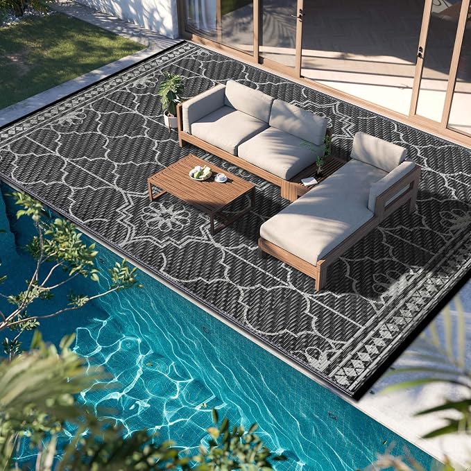 Outdoor Rug 10x14Ft, Waterproof Outdoor Patio Rug for House Deck Reversible Plastic Straw Mat for RV Camping Picnic Beach Balcony (Black Gray)
