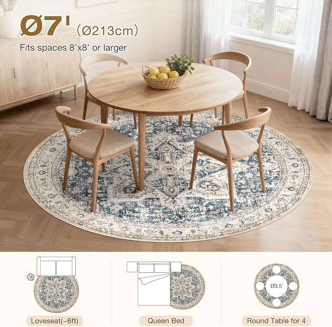 Tortania 7' Round Area Rug Living Room Rugs - Washable Boho Rug Vintage Oriental Distressed Farmhouse Large Thin Indoor Carpet for Bedroom Under Dining Table Home Office - Cream/Blue