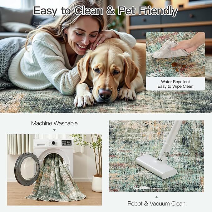 Lofus 5x7 Area Rug for Living Room, Coffee Green Abstract Rugs with Non-Slip Backing, Neutral Modern Washable Carpet for Bedroom Dining Room Home Office Nursery Indoor
