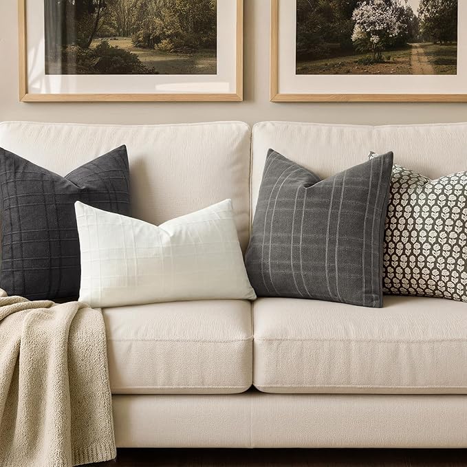 MIULEE Decorative Linen Check Lumar Throw Pillow Covers Neutral Farmhouse Vintage Pillow Covers 20x20 Inch Set of 2 Boho Modern Home Decor for Sofa Couch Bedroom Cushion Chair Charcoal Gray
