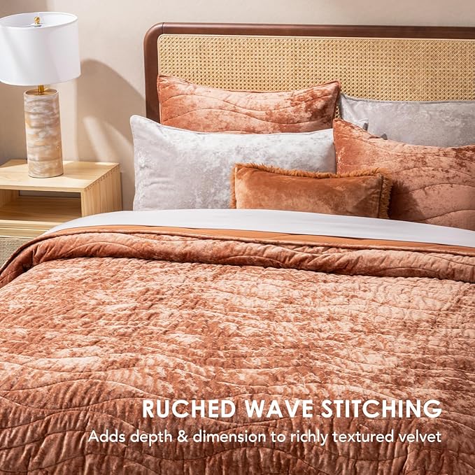 EverGrace Luxury Velvet Quilt Queen Size, Ultra Soft Wave Crushed Velvet Bedding Set, Lightweight Quilted Comforter Set for All Season, Oversized Bedspread Coverlet with 2 Shams, Burnt Orange
