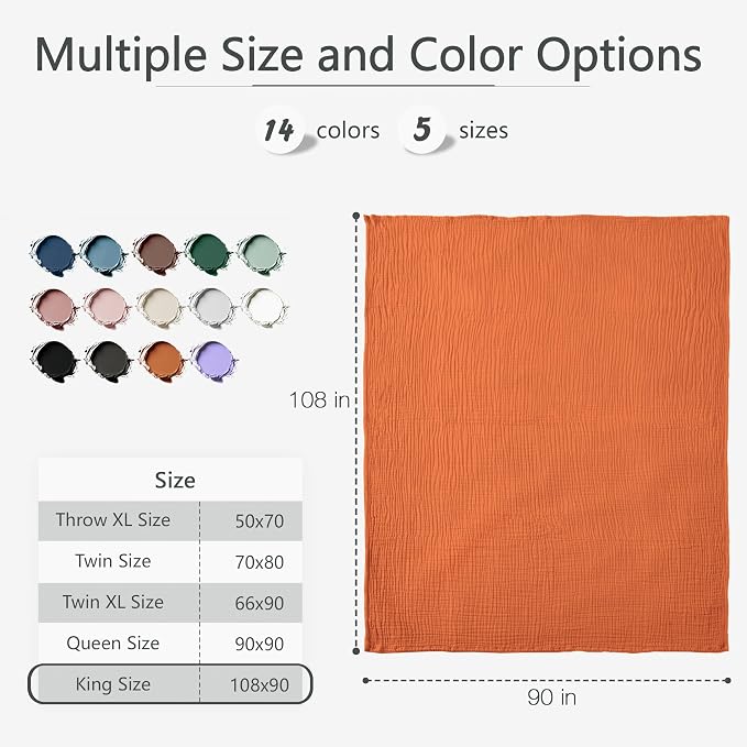 Carriediosa 100% Cotton Muslin Throw Blanket 108" X 90" King Size，4-Layers Summer Gauze Throws for Bed Couch，Soft Lightweight Breathable Linen Blankets Bedspread for Adults All Season，Orange
