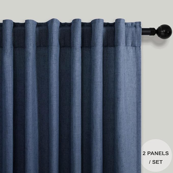 Pitalk Navy Extra Long Curtains 120 Length for Living Room 2 Panels Back Tab Loop Pocket Light Filtering Soft Linen Semi Privacy Sheer Dark Blue Curtains for Dining Room Patio Door Large Windows 10FT