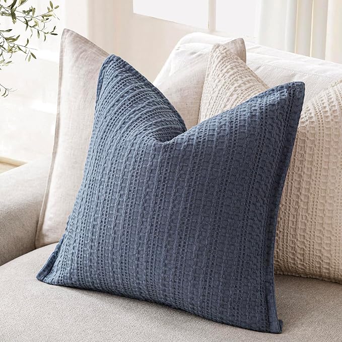 Foindtower Set of 2 Decorative Cotton Waffle Weave Throw Pillow Covers Euro Shams Cushion Covers Accent European Pillowcase for Bed Couch Sofa Bedroom Living Room Home Decor 20×20 Inch Blue
