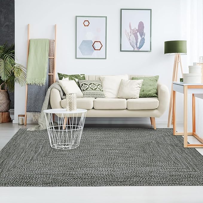 Superior Large Indoor/Outdoor Area Rug, Multi-Tone Reversible Braided Floor Decor for Patio, Front Porch, Entryway, Living Room, Office, Nursery, Artistic Home, 8' x 10', Green-White