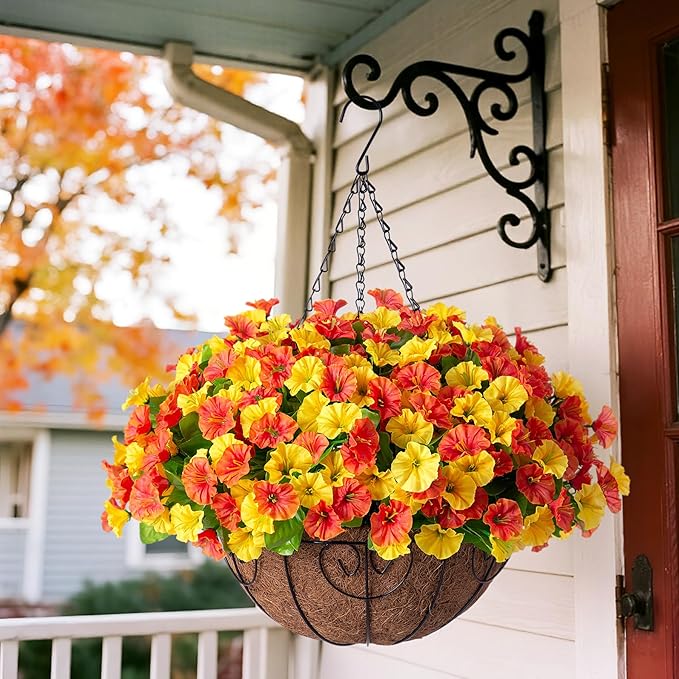 Ammyoo Artificial Hanging Flowers with Basket, Faux Silk Petunias Flower Arrangement, Coconut Lining with Morning Glories Fake Plants Patio Garden Porch Deck Fall Decor(Orange Yellow)