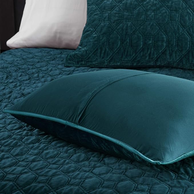 Madison Park Harper Quilt Set Velvet Casual Geometric Stitching Design All Season, Lightweight Coverlet, Cozy Bedding, Matching Shams, Full/Queen(90"x90"), Teal 3 Piece