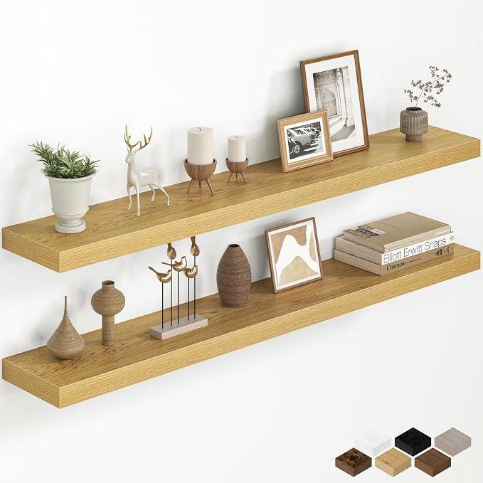 Fun Memories 48 Inch Floating Shelves for Wall, 8 Inch Deep Rustic Wood Wall Mounted Shelves with Invisible Brackets for Bathroom, Bedroom, Kitchen & Living Room Storage Decor, Oak, 2 Pack