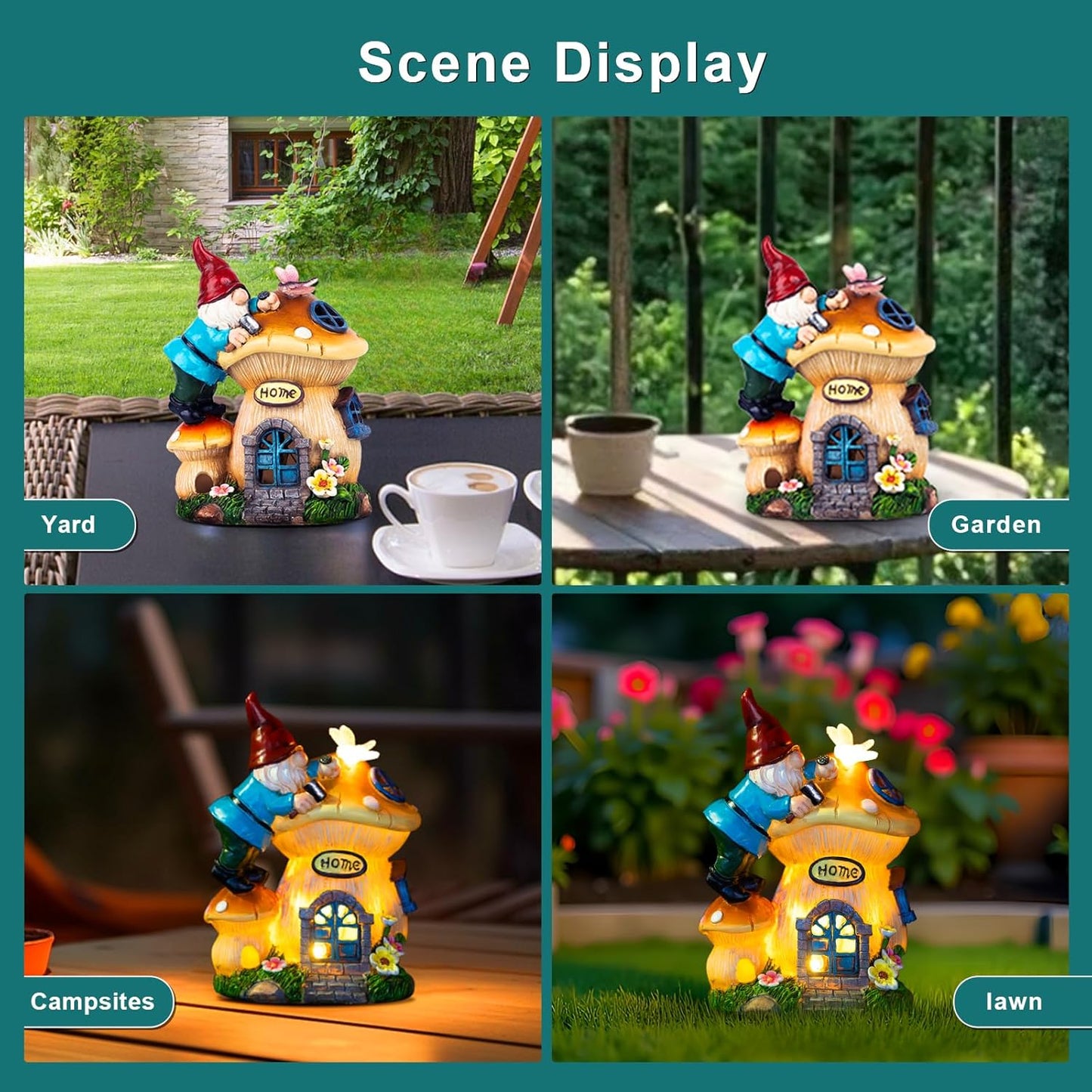 Garden Gnome Statues Figurine Lights - Solar Powered Lighting Outdoor Decorations, Gnome Build Mushroom Fairy House, Yard Art Lawn Ornaments for Porch Patio Balcony - Gnome Gifts for Women Mom