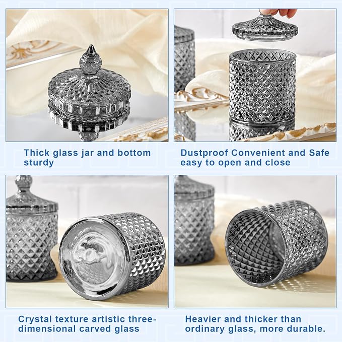 Aoriher 4 Pcs Crystal Glass Candy Jar Set with Lids Home Decorative Storage Jars for Apothecary, Bathroom, Kitchen, and Pantry, Ideal for Cotton Swabs and Jewelry(Large,Gray)
