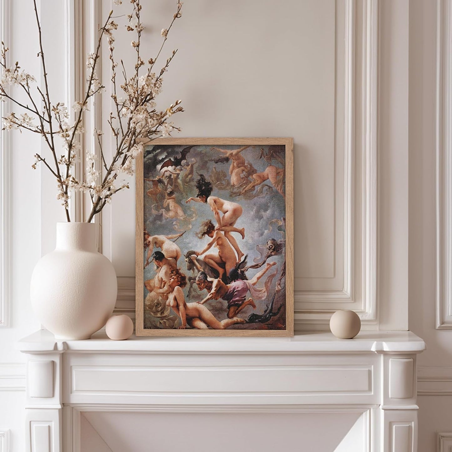 Poster Master Vintage Luis Ricardo Falero Poster - Retro Occult Print - Gift for Gothic, Horror Fan - Witches Going to their Sabbath, Pagan - Wall Decor for Bedroom, Dorm, 8x10 Beige Framed