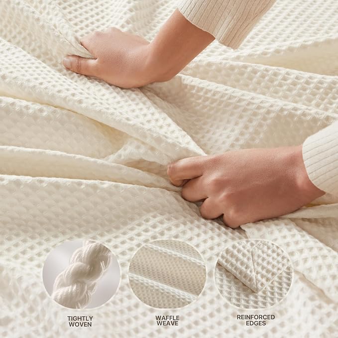 Madison Park 100% Cotton Blanket, Trendy Woven Waffle Weave Design, All Season, Lightweight, Breathable, Soft and Cozy Casual Summer Cover, for Bed, Couch and Sofa, Twin(66 in x 90 in), Ivory