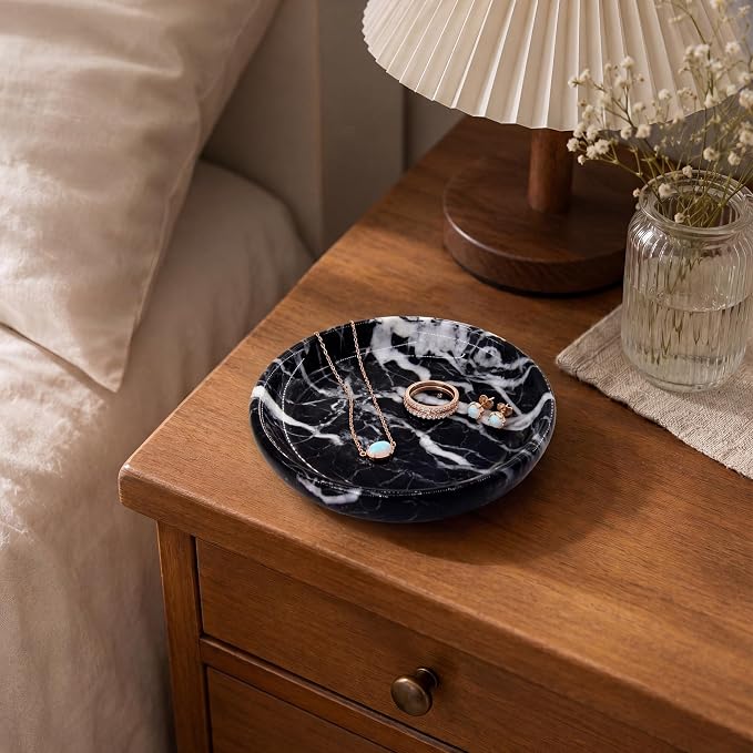 Small Natural Marble Jewelry Tray Key Plate Holder Dish Trinket Decor Catch All Bowl for Ring Earring Stone Gift for Women Daugther,Black,5.5"