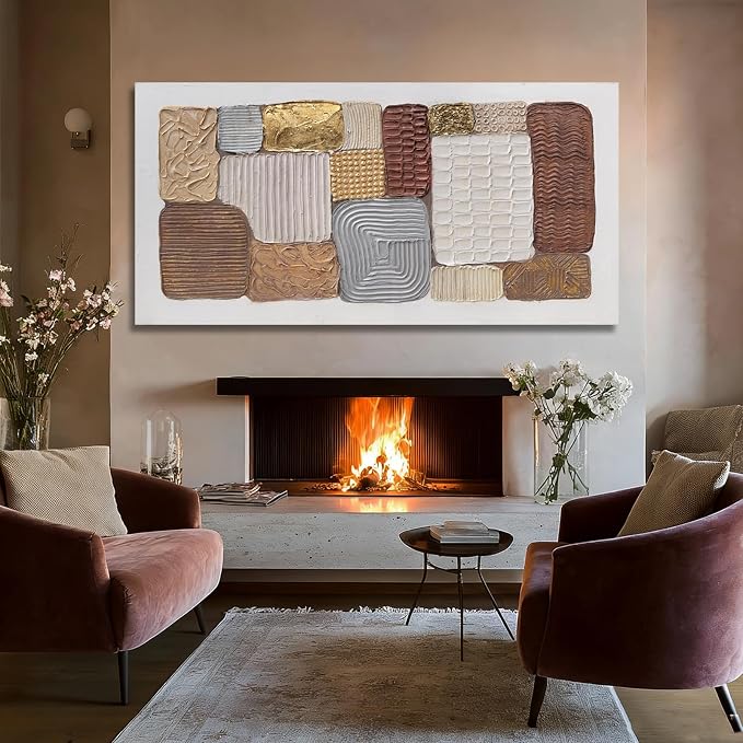 Dolidoteart Abstract Canvas Wall Art, Oversized Earth Tone Geometric Wall Decor Print, Neutral Brown Beige Gold Horizontal Artwork for Living Room Dining Room Office, 28x59 Inch