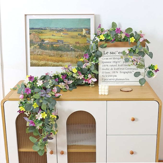 2 Pack 5.68 FT Artificial Daisy Garland with 3D Butterfly, Hanging Fake Flowers Greenery Eucalyptus Garland Floral Vines for Wedding Table Home Room Sping Decor