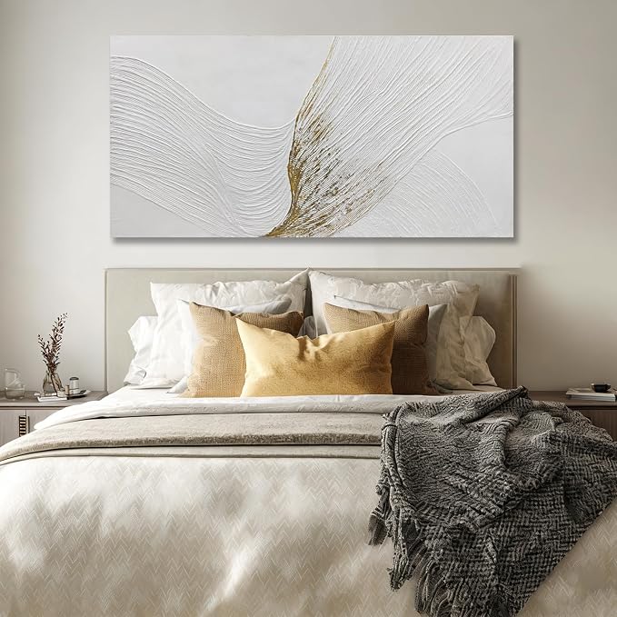 Hue7Art Modern Minimalist White and Gold Textured Canvas Wall Art Abstract Line Artwork Hand Painting for Living Room Bedroom Office Neutral Home Decor 24x48 Inch