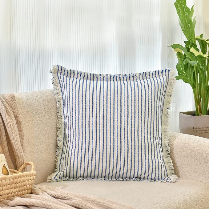 ZWJD Throw Pillow Covers 26x26 Set of 2 Striped Pillow Covers with Fringe Chic Cotton Decorative Euro Sham Pillows Square Cushion Covers for Sofa Couch Bed Living Room Farmhouse Decor, (Blue)