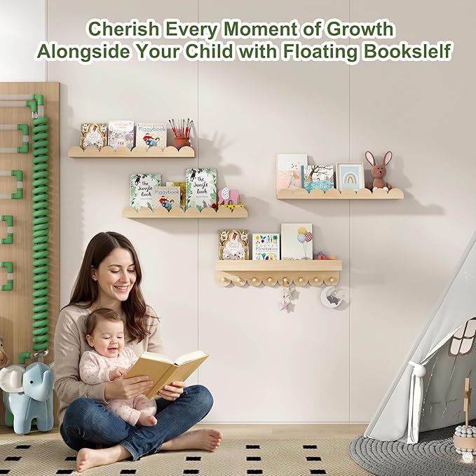 24 Inch Floating Shelves for Wall, 4-Pack Nursery Book Shelves with Hooks, Scalloped Shelves, Wall Book Shelves for Kids Room, Toddler Room, Baby Room, Nursery Decor