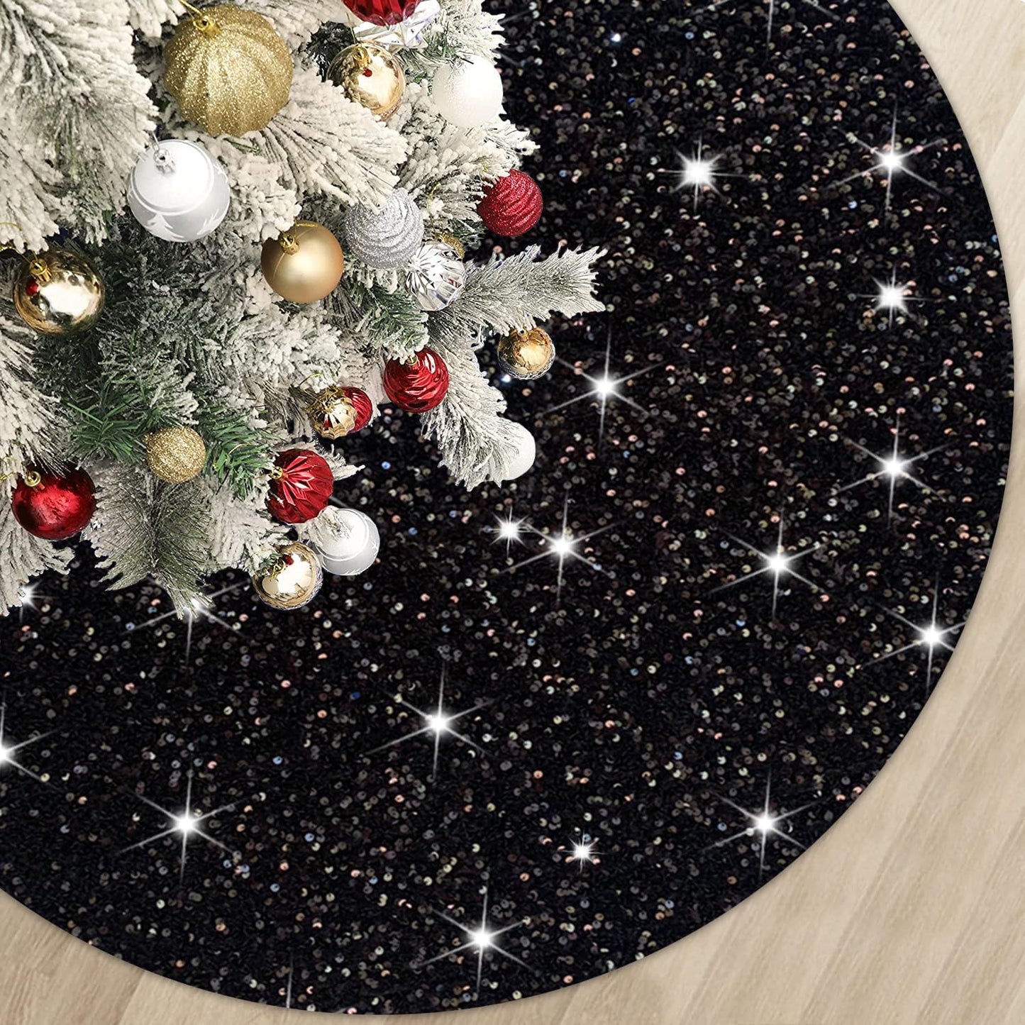 MODFUNS Black Christmas Tree Skirt 60 Inch Glitter Sequin Large Xmas Tree Mat Velvet Halloween Tree Skirt Unique Shiny Xmas Tree Skirt Cover for Christmas Tree New Year Merry Christmas Ornament