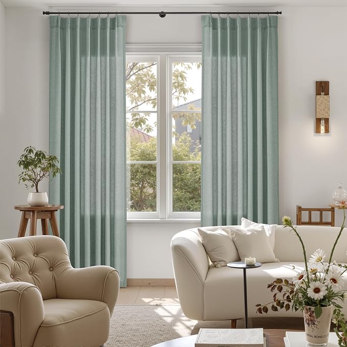 Guken Desert Sage Pinch Pleated Linen Curtains 84 Inches Long 2 Panels Set Modern Farmhouse Boho Window Curtain for Living Room Bedroom Semi Sheer Back Tab Draps with Hooks Rings Aesthetic Decor