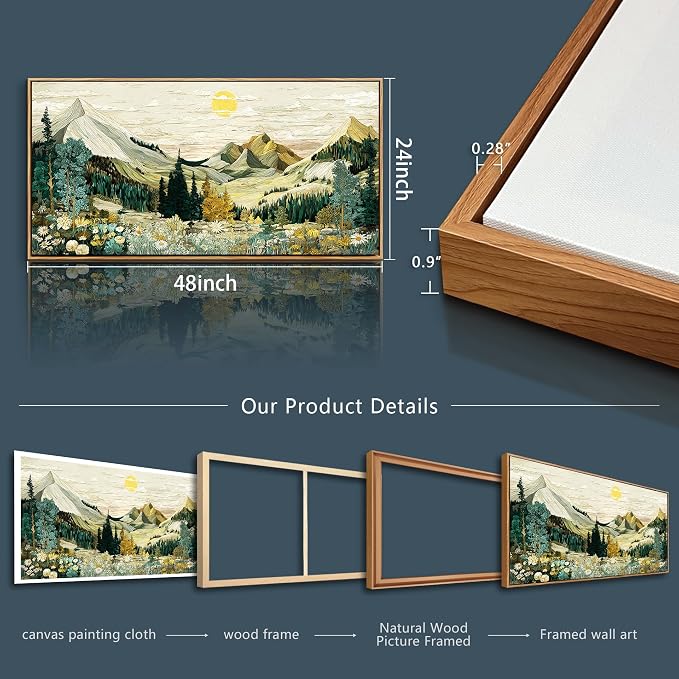 XIGUANGART Mountain Framed Wall Art,Large Canvas Wall Art - Floral Abstract Painting Decor, Vintage Flower Boho Pictures,Modern Rustic Farmhouse Landscape Art Prints for Bedroom Office Home Decoration