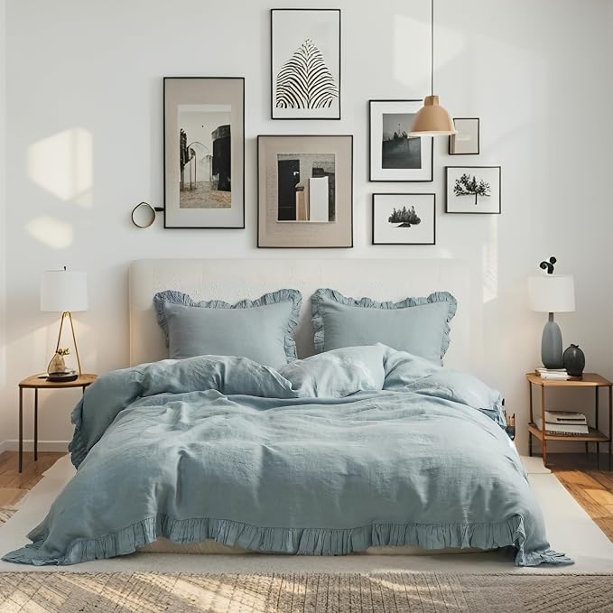 Simple&Opulence 100% Linen Duvet Cover Set, 3 PCS Natural French Flax Dusty Blue Ruffle Duvet Cover Queen Size, Breathable Comfy Linen Bedding Comforter Cover with 2 Pillowcases(Dusty Blue, 88" X 92")