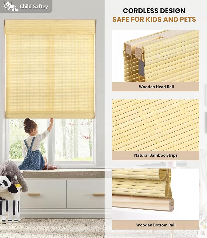 LazBlinds No Drill Bamboo Roman Shades, 39x64, Ceylon Natural | Light Filtering Window Treatment, No Tools Cordless Roll Up Bamboo Blinds for Window