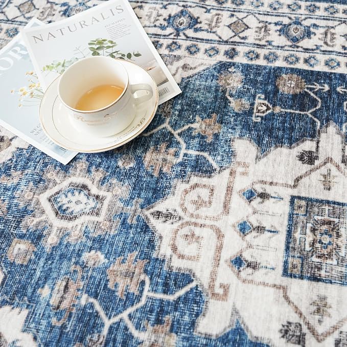 2x3 Washable Vintage Area Rug: Indoor Soft Entryway Rug with Non Slip Backing Water Resistant Carpet for Kitchen Bathroom Laundry Low Pile Door Mat Perfect for Homes with Cats & Dogs(2x3,Blue)