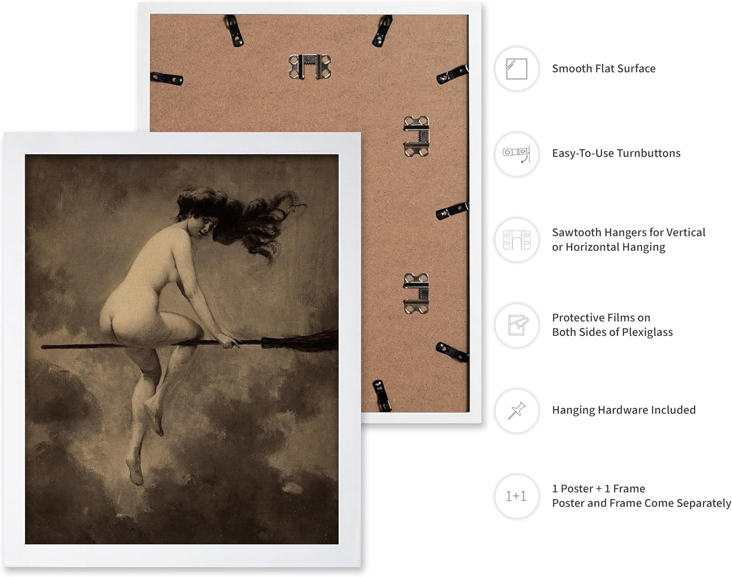 Poster Master Vintage Albert Joseph Penot Poster - Retro Halloween Print - Gift for Artist, Friend - Departure for the Sabbath, Naked Witch on Broom - Wall Decor for Bedroom, 8x10 White Framed