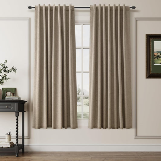 BOODII 63 Inch Blackout Curtains Linen Black Out Curtains for Bedroom 2 Panels Set Neutral Room Darkening Curtain Matcha Brown Thermal Insulated Curtain for Nursery Window Drapes Back Tab 52x63