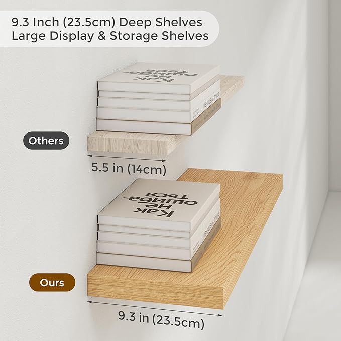 55 inch Floating Shelves for Wall, 9.3in Deep Oak Shelves Wall Mounted Floating Shelf, Extra Long Wall Shelf for Living Room, Kitchen, Office, Floating TV Stand, 2 Packs