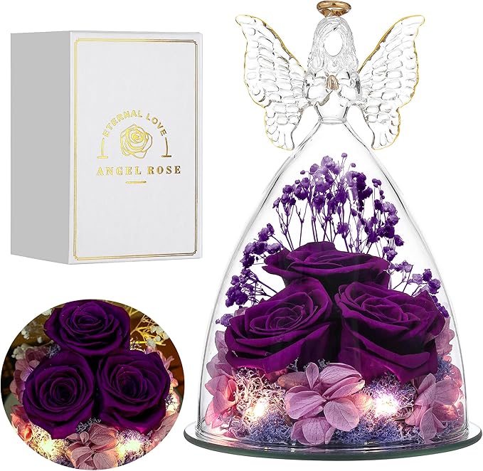 Mothers Day Rose Gifts for Women Preserved Real Flower in Glass Angel Figurines Roses for Delivery Prime Birthday Gifts for Mom Grandma Girlfriend Wife Her, Full Purple