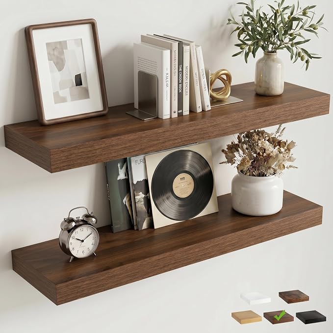 30 Inch Floating Shelves for Wall, 8"D Wood Storage Shelves, Walnut Finish | Engineered Wood, Invisible Bracket, Large Storage, Easy Install, Hold Up to 44lbs, Living Room, Bathroom, Bedroom, Kitchen
