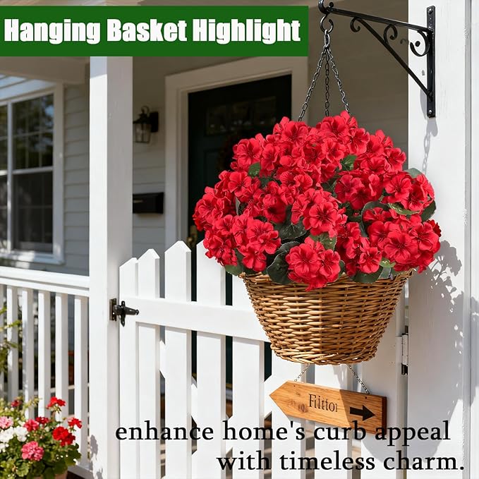 Artificial Flowers for Outdoors, 6 Bundles Realistic Silk Fake Red Geraniums, Faux Plastic Flowers for Outdoor Planters, Hanging Baskets, Window Boxes, Porch, Patio Decor