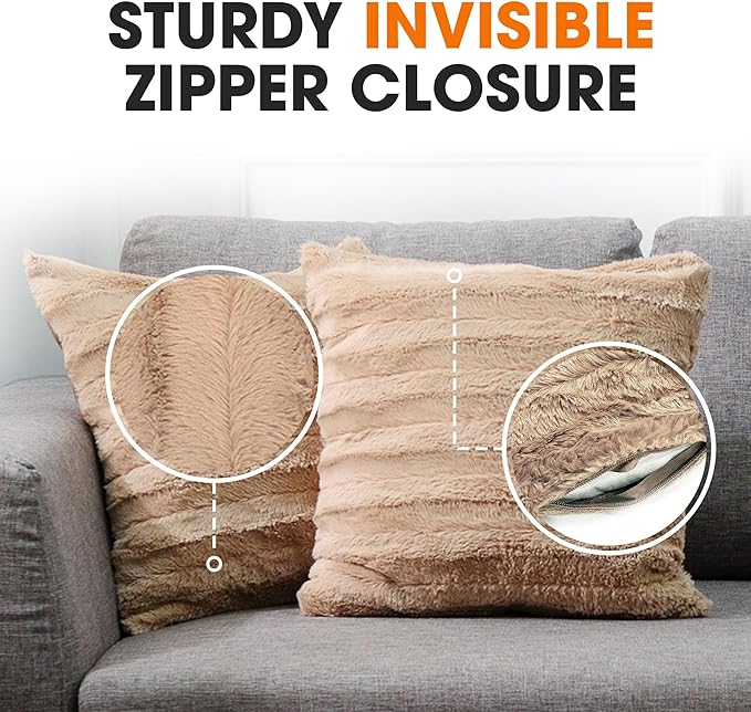 Cheer Collection Faux Fur Throw Pillows - Decorative Pillows for Couch, Bed Throw Pillows, Sand Accent Pillows for Bedroom or Living Room Aesthetic, Set of 2 Furry Throw Pillows, 26" x 26"